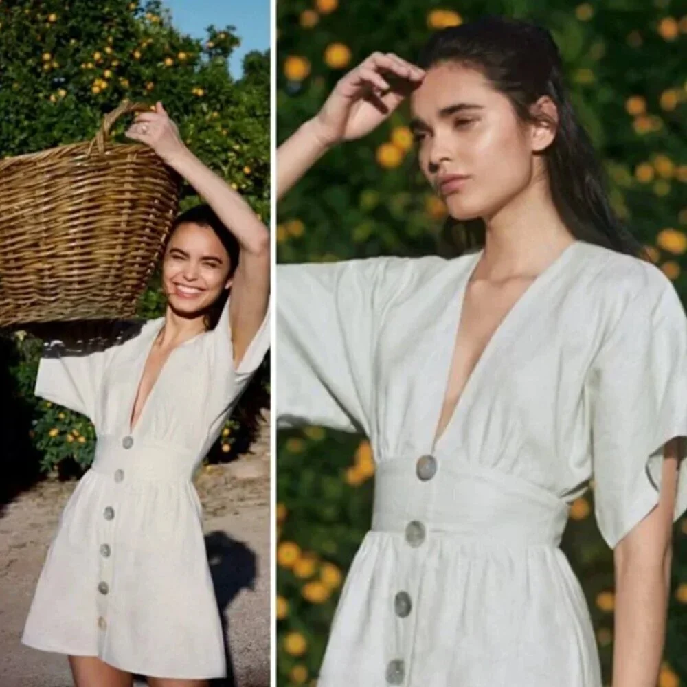 NWT Reformation Ty Kimono Linen Abalone Shell Button Cream Mini Dress Size 2